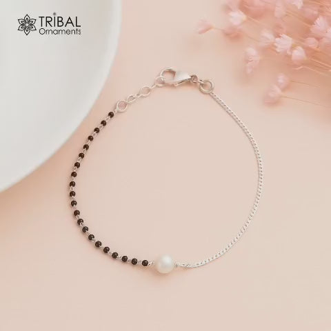 925 sterling silver pearl and black beaded chain bracelet Combo use bracelet or anklets, Mangalsutra bracelet mbr04