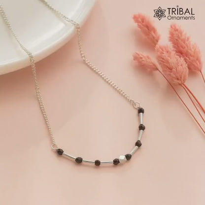 Pure 925 sterling silver black beaded chain and vintage silver ball style pendant Mangalsutra ms119