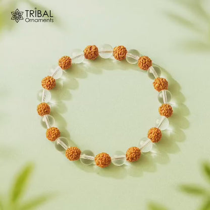 8 MM rudraksha and clear quartz crystal natural stone beaded handmade bracelet, customized unisex Jewelry, stnbr145