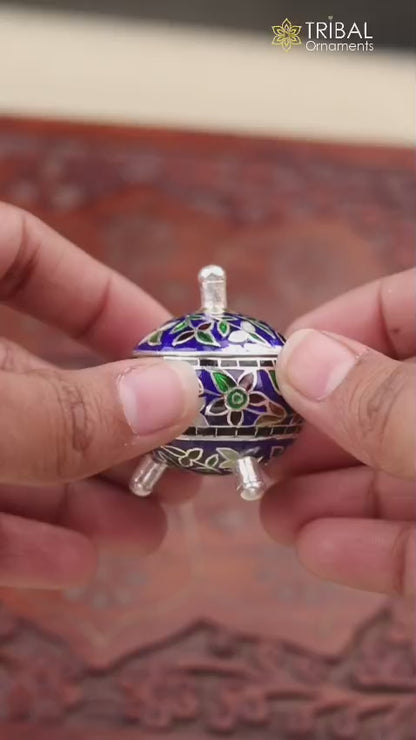 925 Sterling silver fabulous meenakari trinket box, container box, casket box,sindoor box, enamel work customized  box stb904