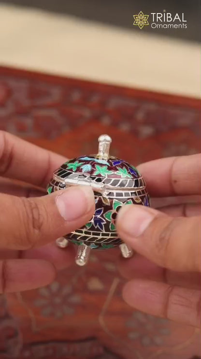 925 Sterling silver fabulous meenakari trinket box, container box, casket box,sindoor box, enamel work customized  box stb902