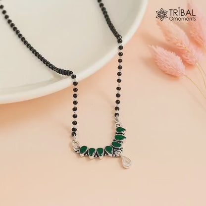 925 sterling silver black beads chain green stone mangalsutra necklace MS03
