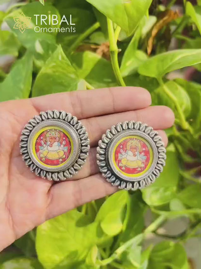 925 sterling silver lord Ganesha painting miniature art Painting  hoops earring s1339
