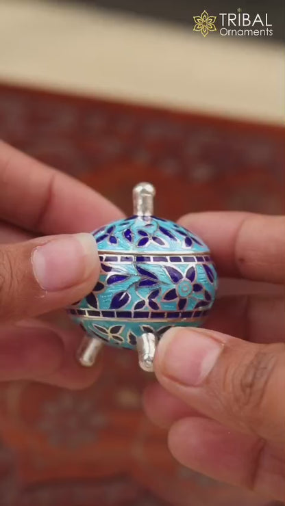 925 Sterling silver fabulous meenakari trinket box, container box, casket box,sindoor box, enamel work customized  box stb905