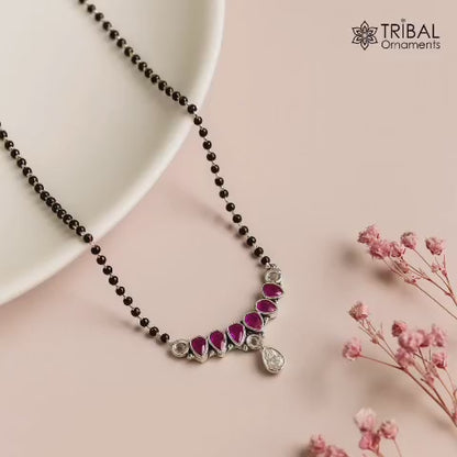 925 sterling silver black beads chain pink stone Mangalsutra necklace MS02
