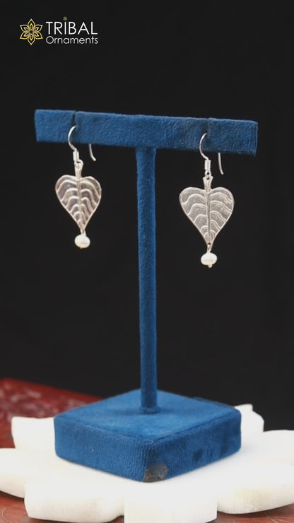 925 sterling silver peepal tree leaf hoops earring with pretty hanging pearl, customized jewelry ear492
