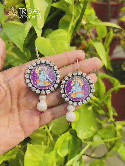 925 sterling silver lord krishna miniature art Painting hoops earring s1365