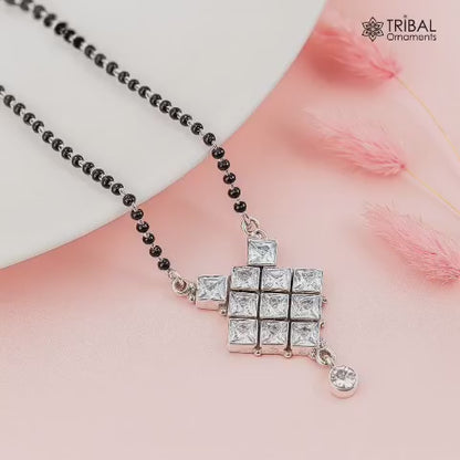 925 sterling silver black beads and white cut stone brides Mangalsutra chunky necklace ms90