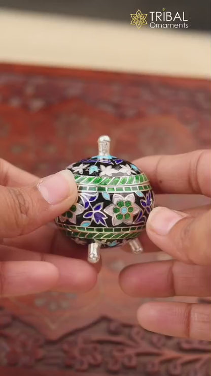 925 Sterling silver fabulous meenakari trinket box, container box, casket box,sindoor box, enamel work customized  box stb900