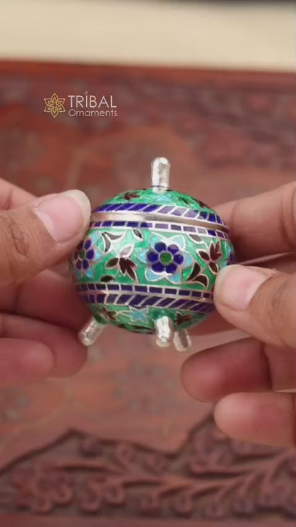 925 Sterling silver fabulous meenakari trinket box, container box, casket box,sindoor box, enamel work customized  box stb901
