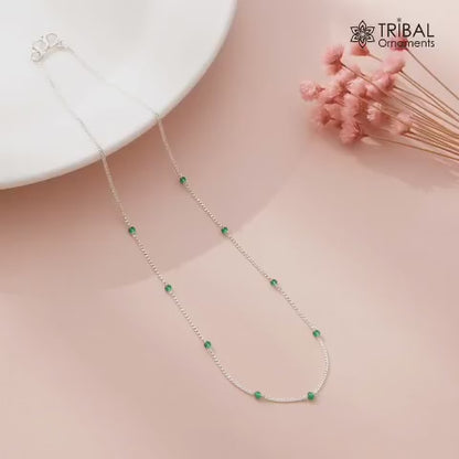 Pure 925 sterling silver green colour's beaded chain necklace, vintage style Mangalsutra ms 103