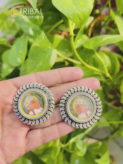 925 sterling silver lord Ganesha painting miniature art Painting  hoops earring s1340
