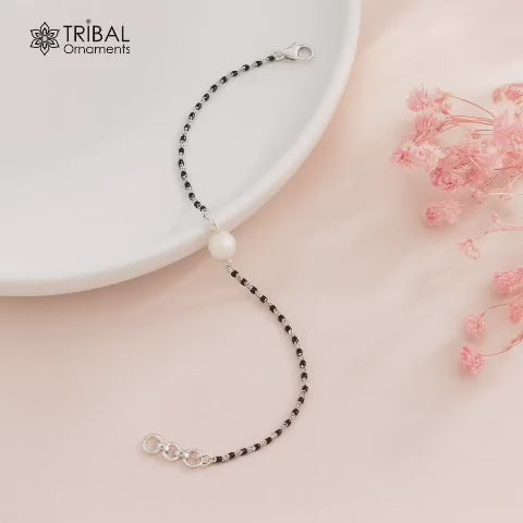 925 sterling silver pearl and black beaded chain bracelet Combo use bracelet or anklets, Mangalsutra bracelet mbr06