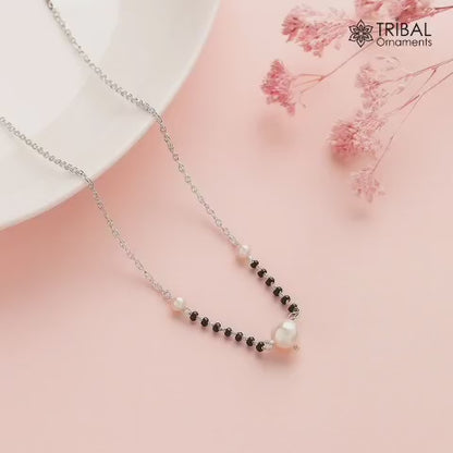 925 sterling silver pearl and black beaded chain necklace vintage style Mangalsutra ms125
