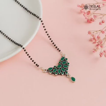 925 sterling silver black beads chain green stone Mangalsutra necklace ms54