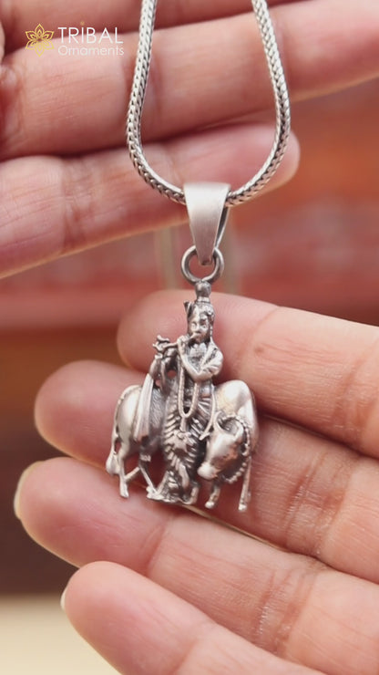 925 sterling silver lord Krishna with cow Pendant  with chain tribal jewellery nsp1033