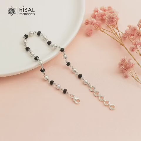 925 sterling silver pearl and black beaded chain bracelet double use as  abracelet or anklets, Mangalsutra bracelet mbr09