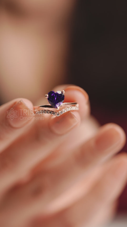 Blue diamond  heart design rose gold silver ring