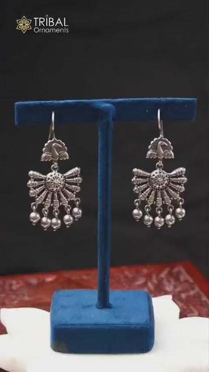 925 sterling silver antique peacock design hoops earrings hanging jingle bells tribal jewelry s354