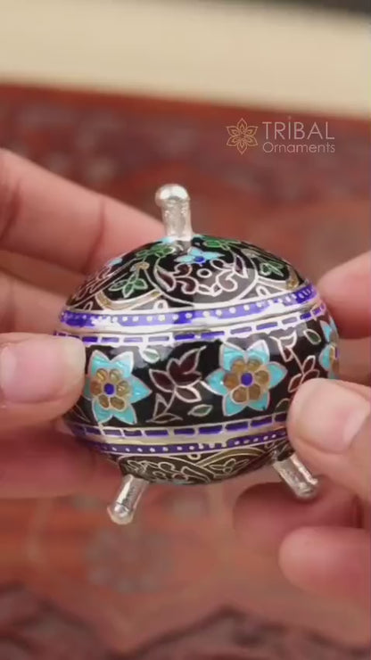 925 Sterling silver fabulous meenakari trinket box, container box, casket box,sindoor box, enamel work customized  box stb898