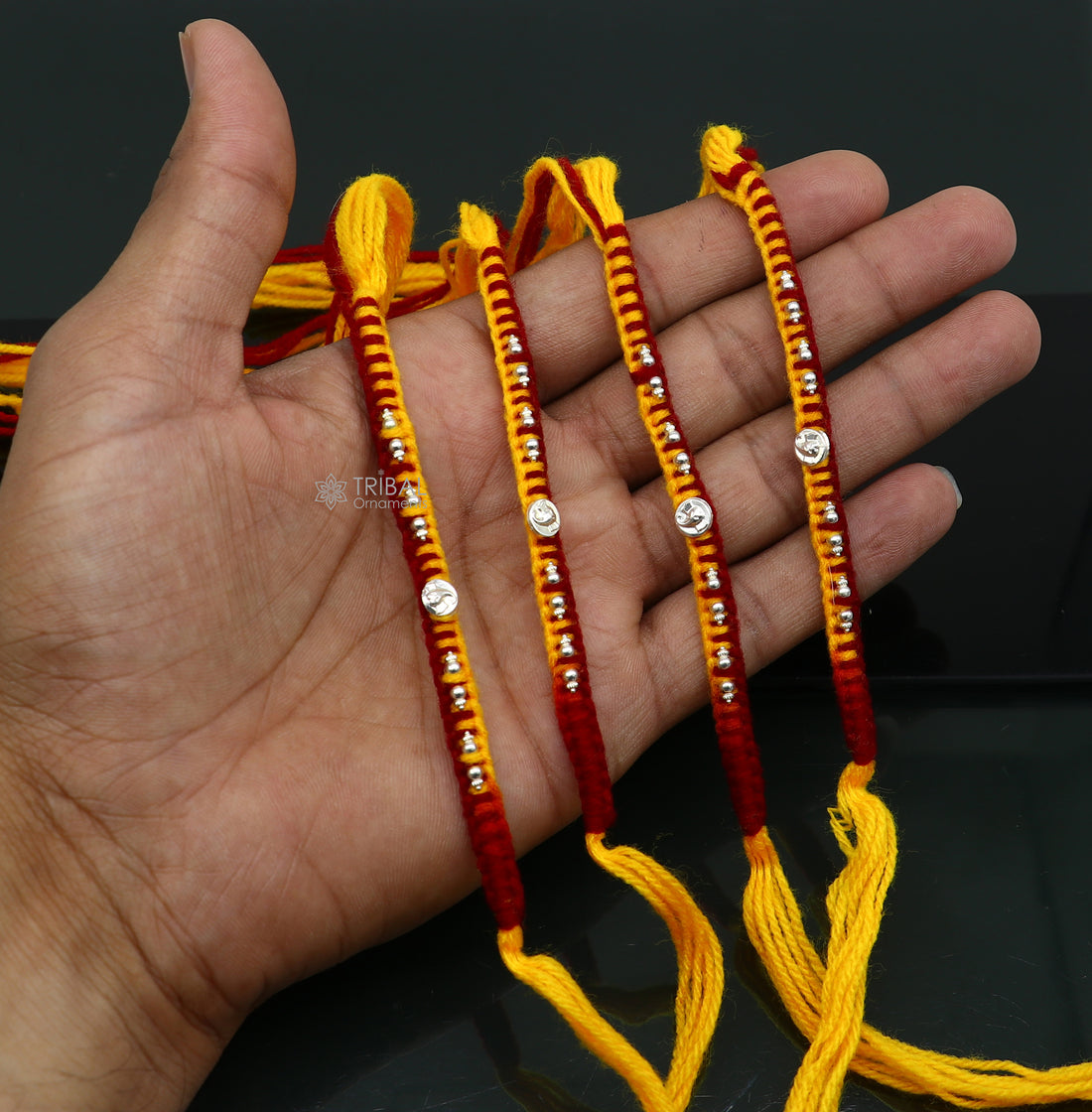 Exclusive yellow color threads Silver customized design Rakhi bracelet Best sibling rakhi for Festival Rakshabandhan rk299 - TRIBAL ORNAMENTS