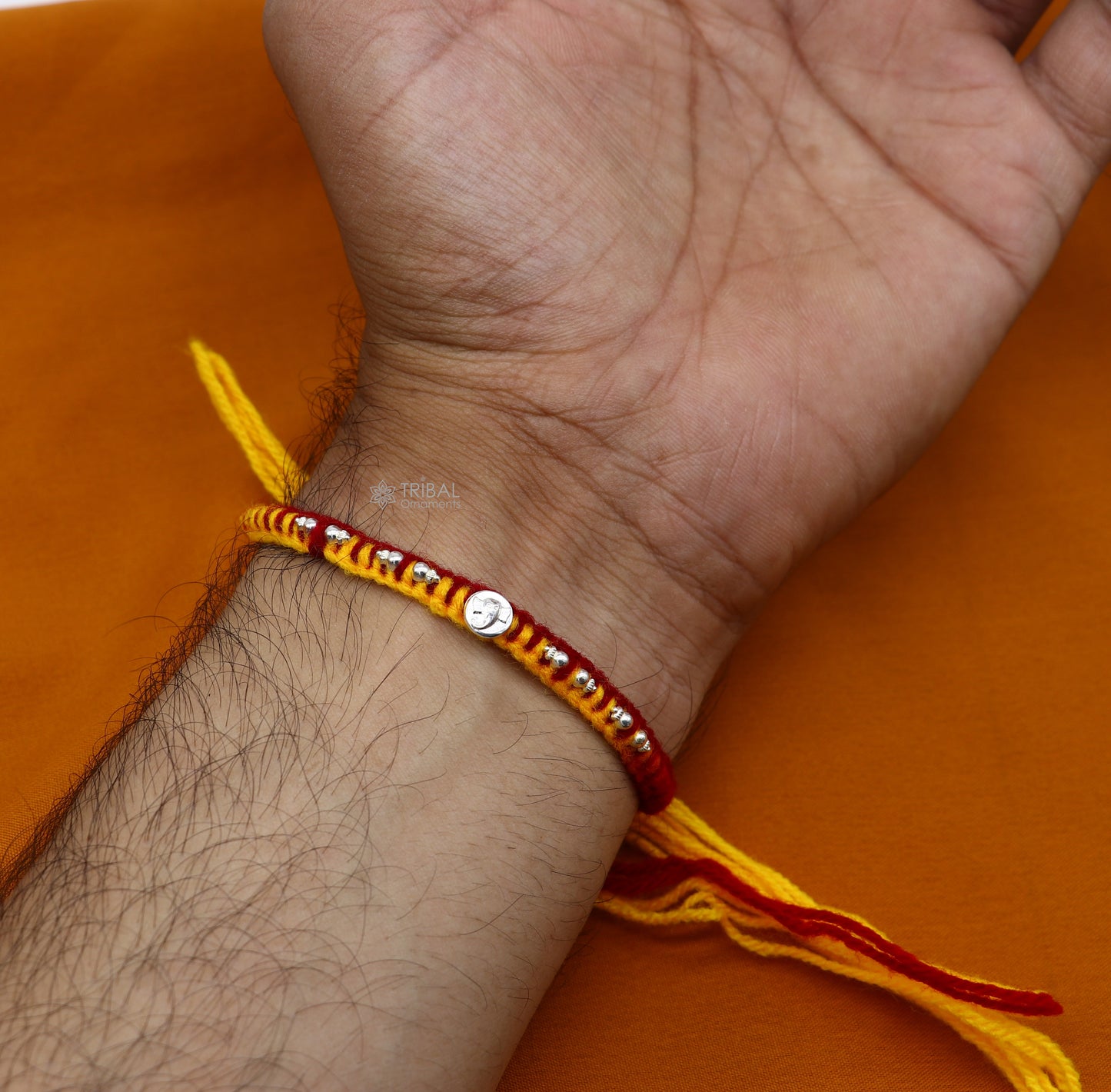 Exclusive yellow color threads Silver customized design Rakhi bracelet Best sibling rakhi for Festival Rakshabandhan rk299 - TRIBAL ORNAMENTS