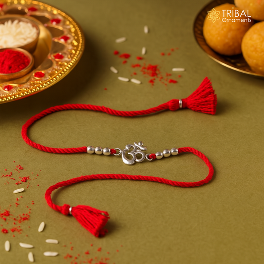925 sterling silver custom design fabulous symbol OM or AUM design Rakhi bracelet with red thread Best sibling rakhi rk174