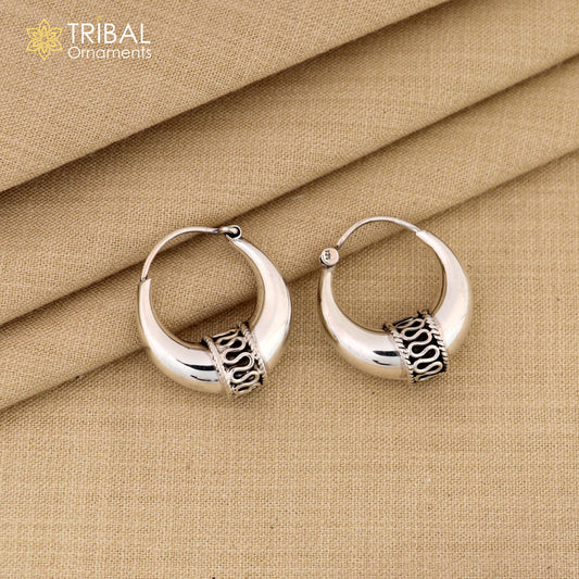 Pure 925 sterling silver handmade vintage ethnic style hoops earrings kundal,ethnic pretty bali tribal belly dance jewelry from india s591