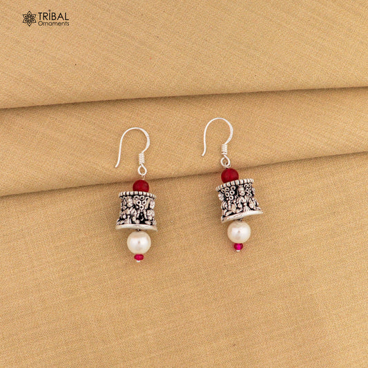 925 sterling silver handmade hook earrings, fabulous hanging pretty bells drop dangle earrings tribal ethnic jewelry from India s1086
