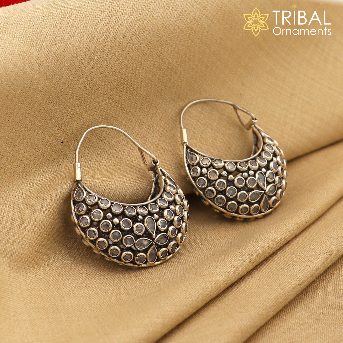 925 sterling silver vintage stylish crystal polki stone hoops earring brides belly dance jewelry s1096