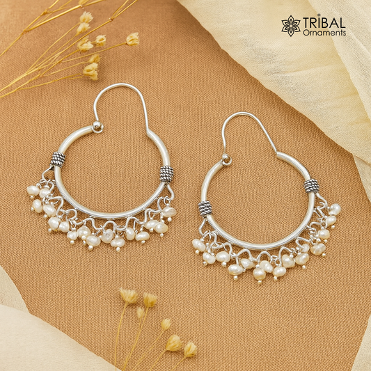 925 sterling silver handmade hoop earring, fabulous Bali, hanging pearls, hook, hoop gifting gorgeous tribal customized jewelry s1146