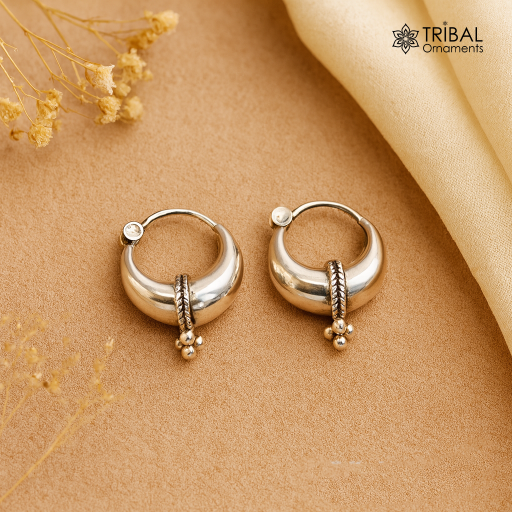Exclusive 925 sterling silver Handmade vintage ethnic style small hoops earrings unisex tribal stylish unique Bali jewelry India S1150