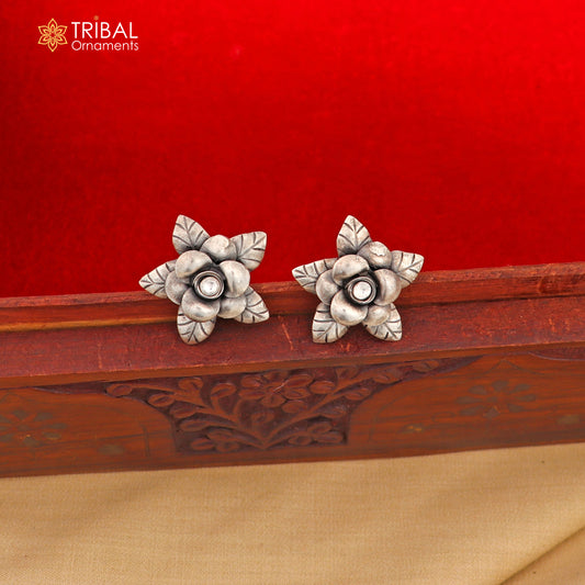 925 sterling silver floral design Stud earring with single stone fancy girl's earring brides jewelry S1254