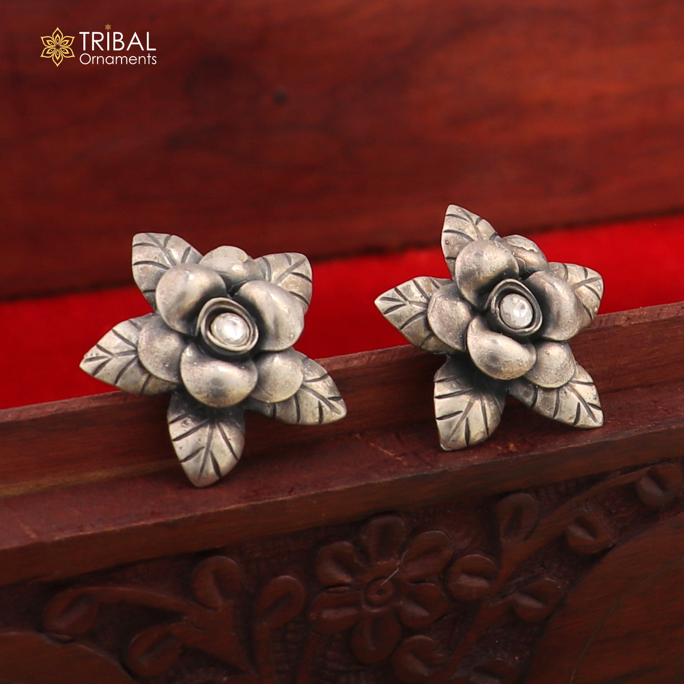 925 sterling silver floral design Stud earring with single stone fancy girl's earring brides jewelry S1254
