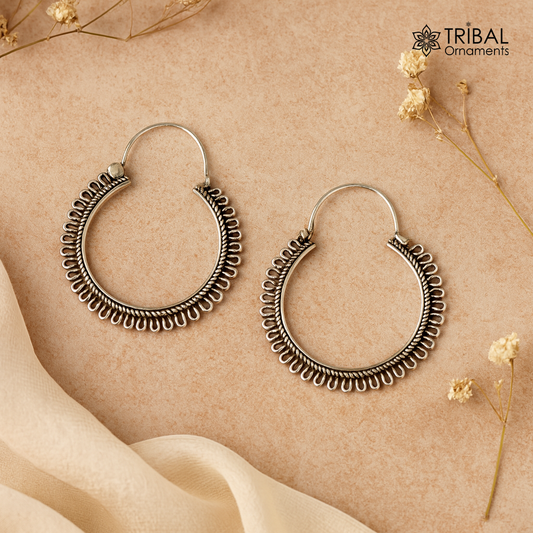 92.5 sterling silver gorgeous Unique round design hoops hanging earrings fabulous silver ethnic tribal  functional earrings jewellery s1263