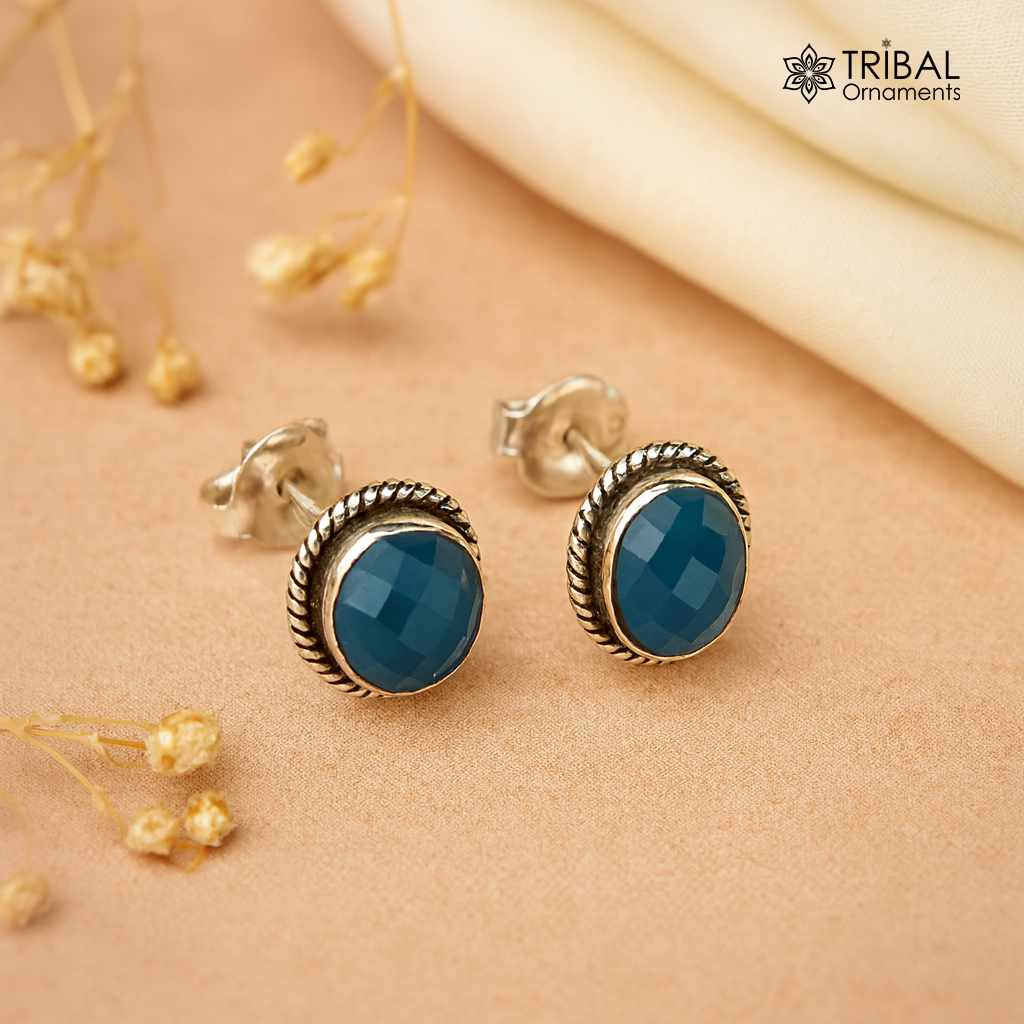 925 sterling silver handmade stud earring with gorgeous single blue quartz stone stud earring best unisex jewelry s1271