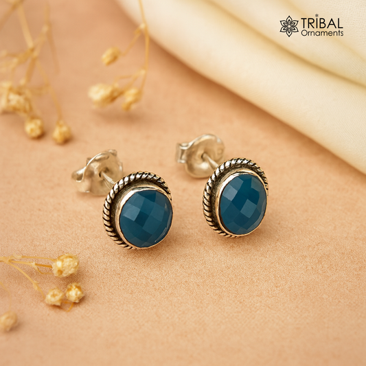 925 sterling silver handmade stud earring with gorgeous single blue quartz stone stud earring best unisex jewelry s1271