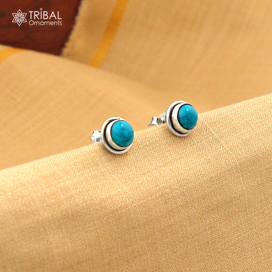 925 sterling silver handmade stud earring with gorgeous single blue turquoise stone stud earring best unisex jewelry s1276