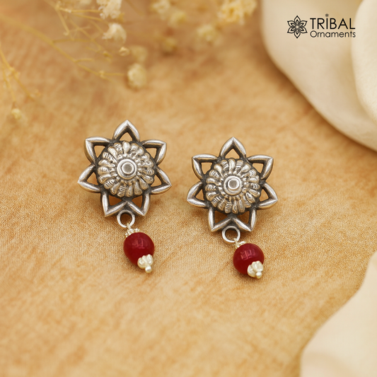Trendy stylish Round flower design Pearl earing handmade 92.5 sterling silver stud earrings tribal ethnic jewelry s1293