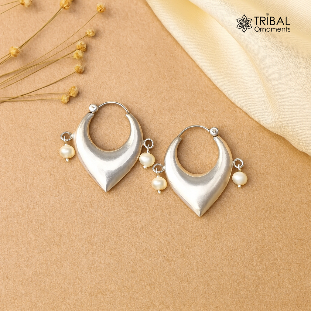 925 sterling silver fabulous vintage plain pearl beads design hoops earing,elegant hoops cultural earrings s 1333