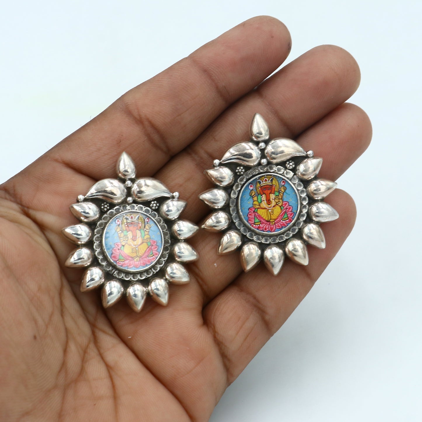 925 sterling silver lord Ganesha painting miniature art Painting  hoops earring s1341