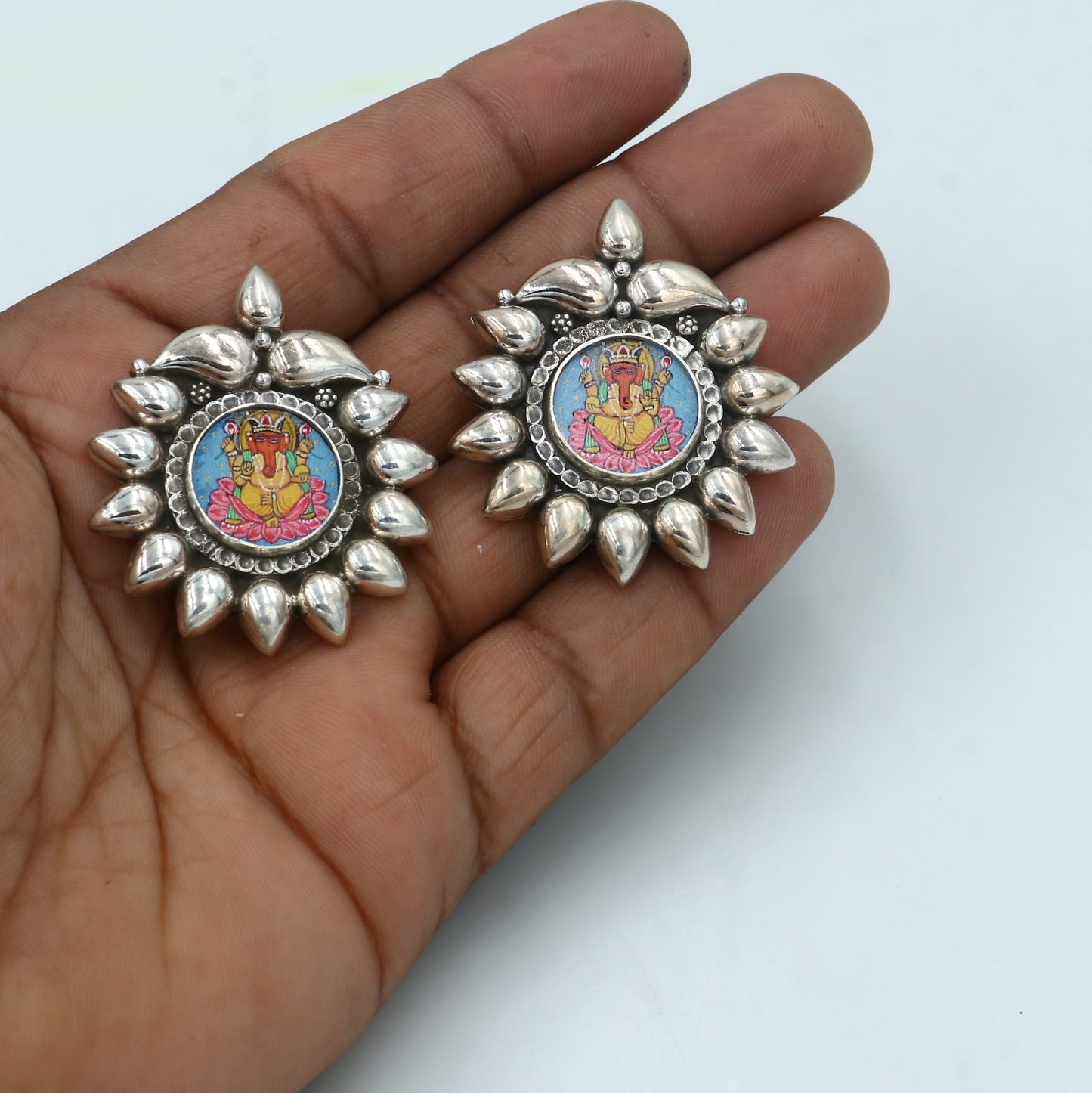 925 sterling silver lord Ganesha painting miniature art Painting  hoops earring s1341