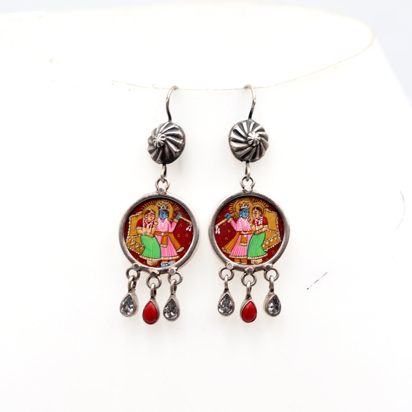 925 sterling silver lord Radha krishna painting miniature art Painting  drop dangle earring s1351