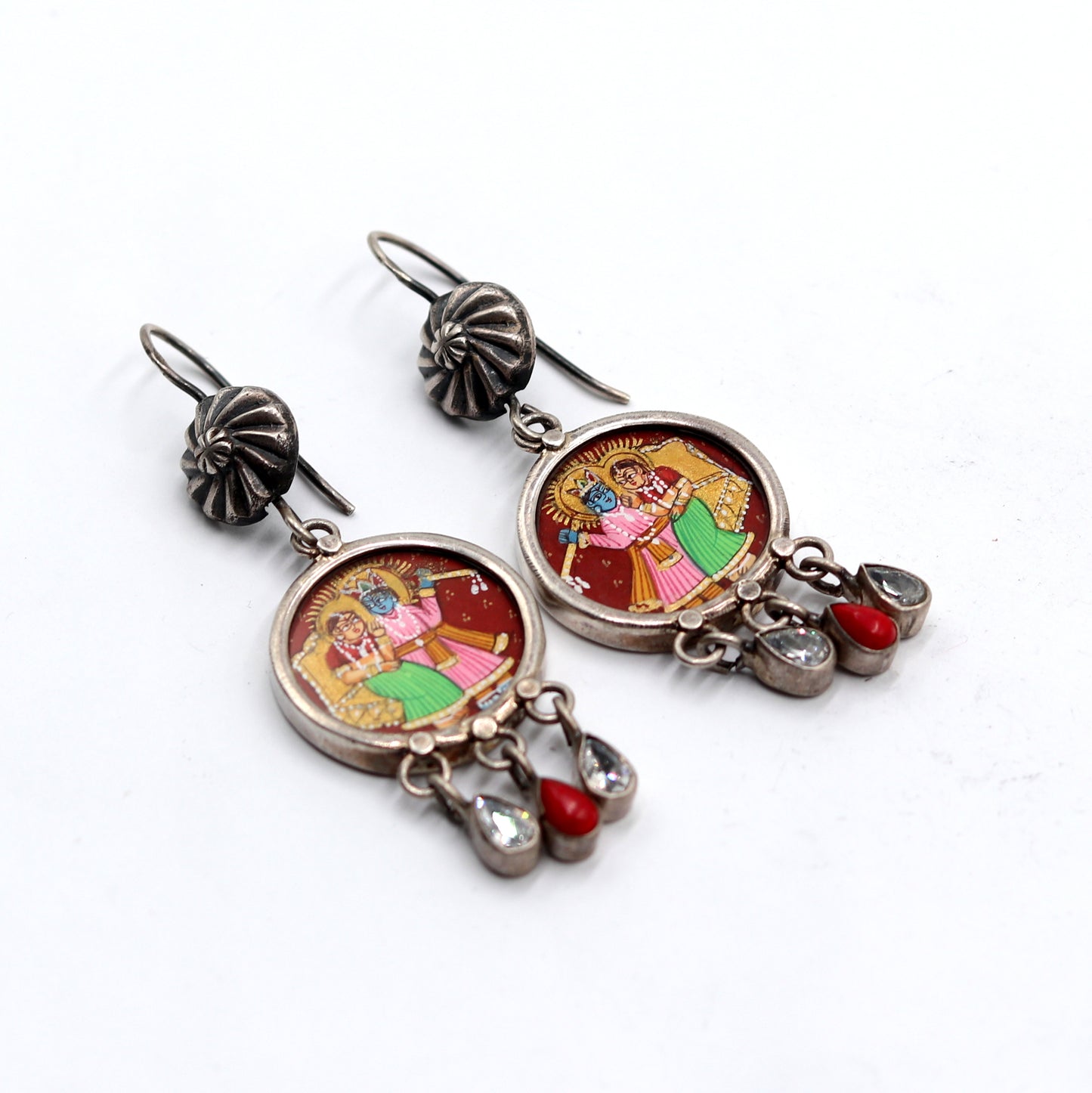 925 sterling silver lord Radha krishna painting miniature art Painting  drop dangle earring s1351