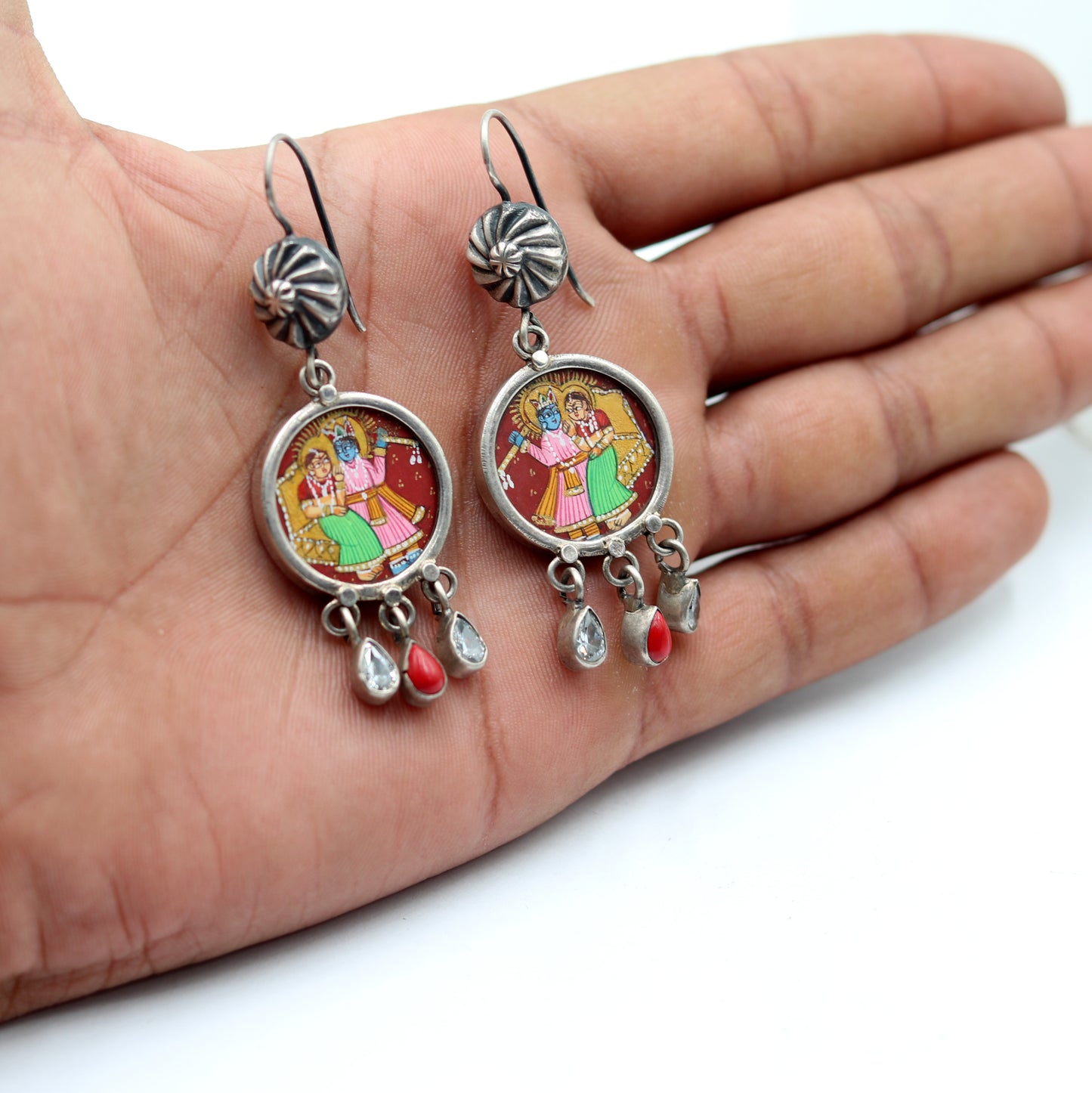 925 sterling silver lord Radha krishna painting miniature art Painting  drop dangle earring s1351