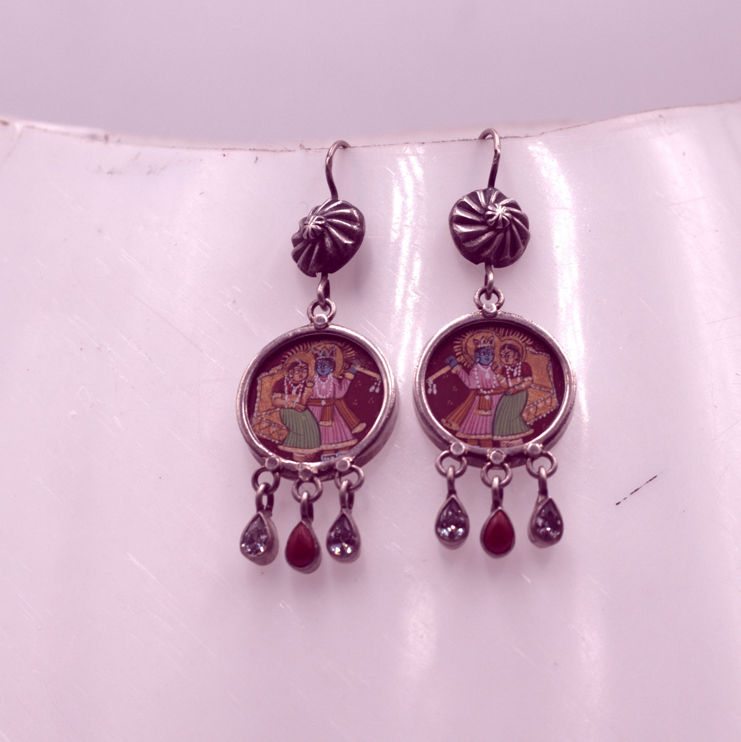 925 sterling silver lord Radha krishna painting miniature art Painting  drop dangle earring s1351