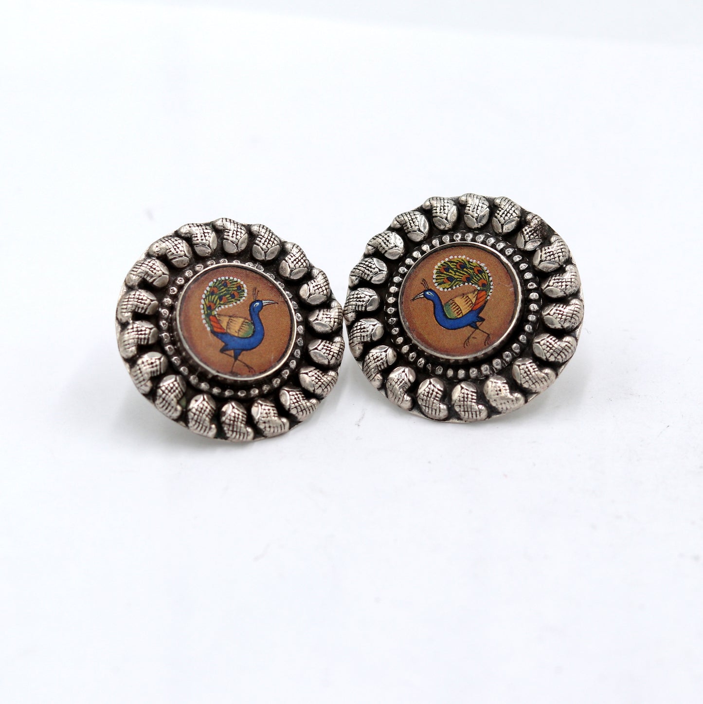 925 sterling silver peacock design painting miniature art Painting  stud earring s1354