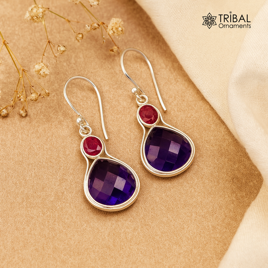 925 sterling silver antique style hoops earring drop dangle amethyst stone s305