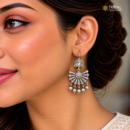 925 sterling silver antique peacock design hoops earrings hanging jingle bells tribal jewelry s354