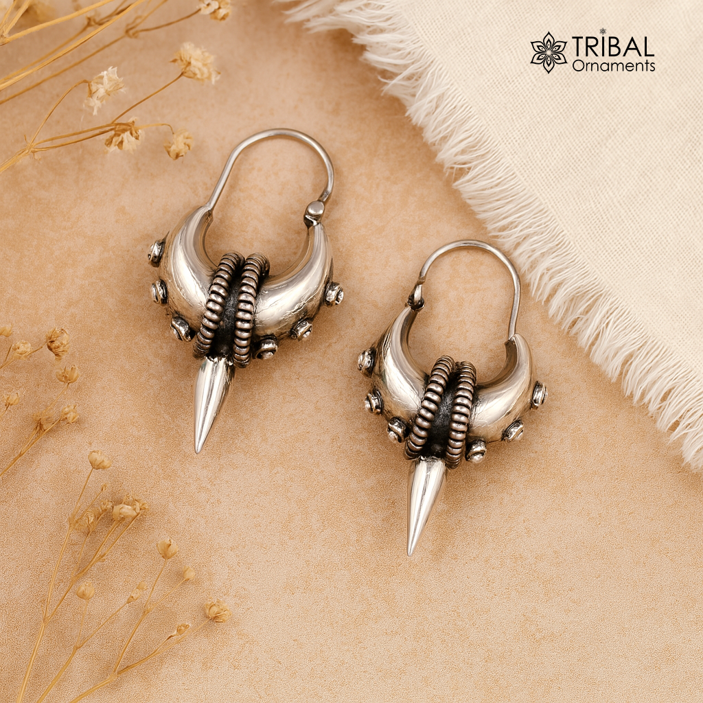 925 sterling silver handmade vintage ethnic style hoops earrings kundal,ethnic pretty bali tribal belly dance jewelry from india s590